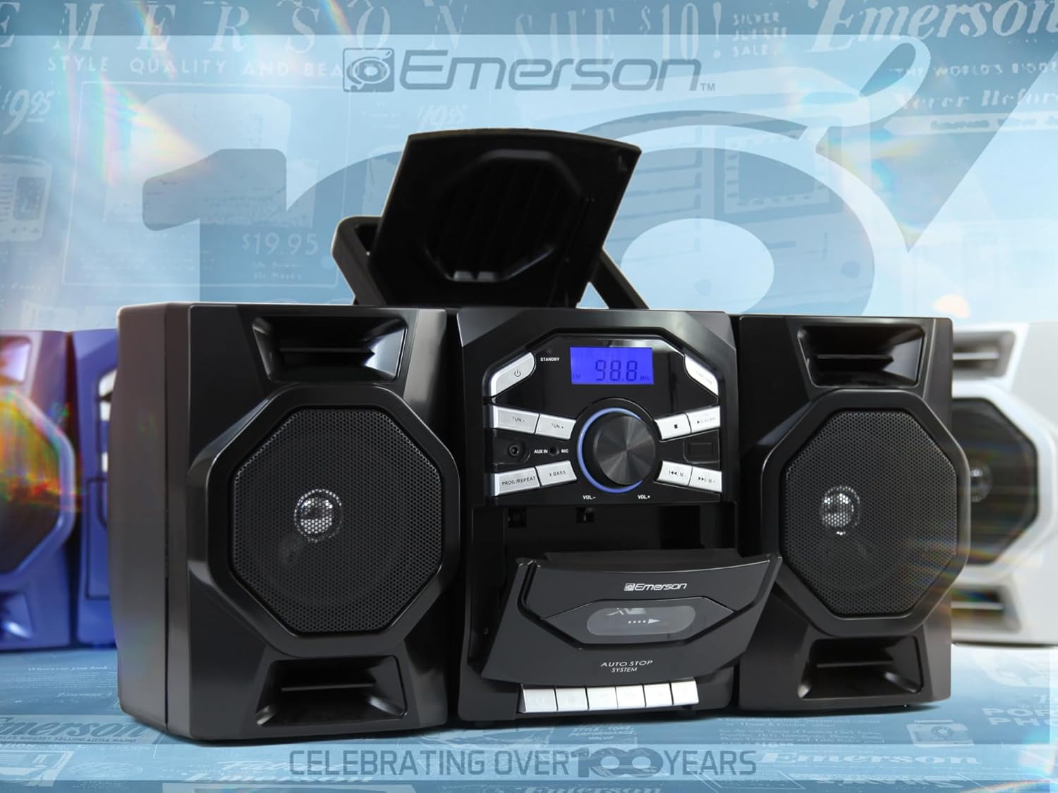 Emerson Boombox with CD & Cassette Player | Digital AM FM Portable Radio MP3, AUX, Mic Input | Portable Stereo System For Home, Indoor, Outdoor | Loud Big Speakers