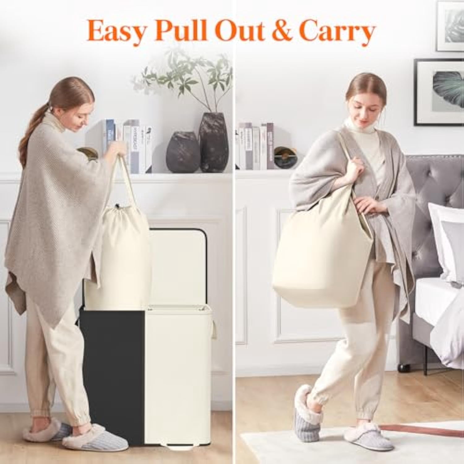 Lifewit Double Laundry Hamper with Lid and Removable Laundry Bags, Large Collapsible 2 Dividers Dirty Clothes Basket with Handles for Bedroom, Laundry Room, Closet, Bathroom, College, White&Black