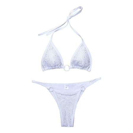 JIANJIA Swim Suits for Women Summer Rhinestone Solid Color Lace Up Halter Sexy Brassiere With Thongs Brazilian Two Piece Bikinis Swimwears Holiday Wear White M