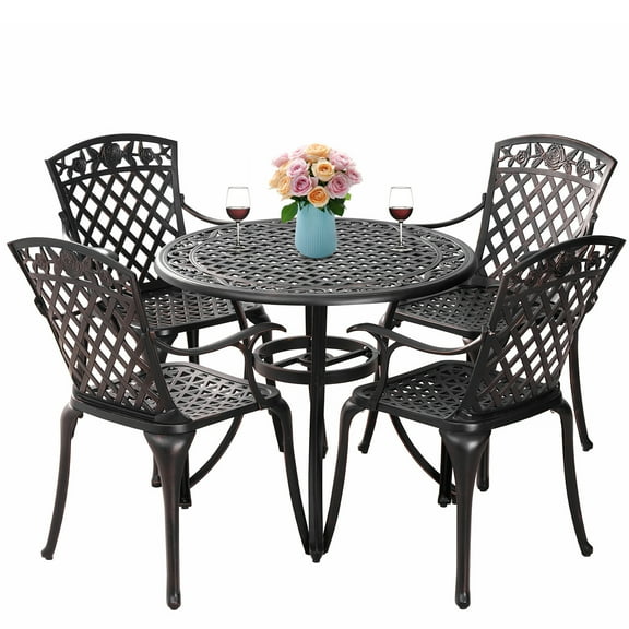 Withniture 5-Piece Patio Dining Set, Anti Rust Cast Aluminum Patio Table and Chair Set of 4 with Umbrella Hole, Patio Bistro Set Suitable for Patio Garden Deck