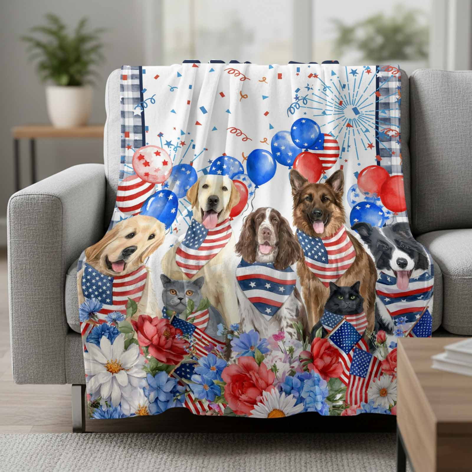 Independence Day Blanket Soft Cozy Warm Throw Blanket for Couch, Plush Fuzzy Flannel Fleece Blankets for Sofa, Red Blue Floral Dogs 4th of July Plaid Bed Blankets Lightweight Gifts for Women, 50"x60"