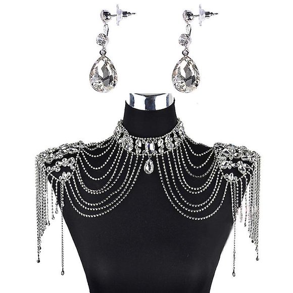 Wedding Bridal Crystal Necklace Tassel Shoulder Chain With Teardrop Earrings Set New Dropship