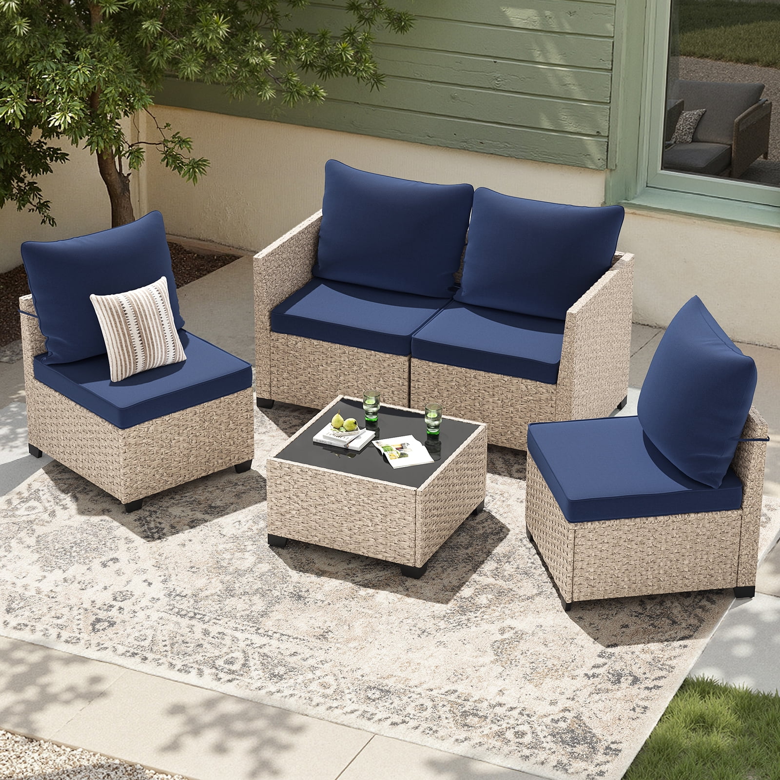 STARY Outdoor Deep Seat Cushions for Patio Furniture, 24"x24" Replacement Sectional Cushions for Outdoor Sofa, Armchair, 4 Pieces, Blue
