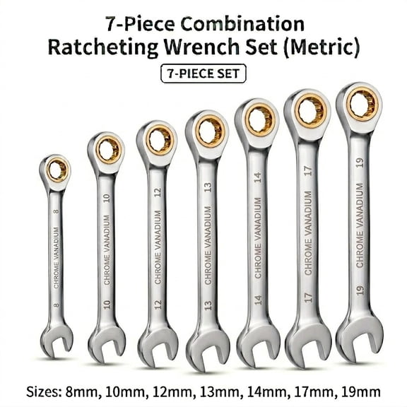 KINGWOLF 7-Piece Metric Combination Ratchet Wrenches Set, 8-19mm CR-V Ratcheting Wrench Set with Tool Pouch