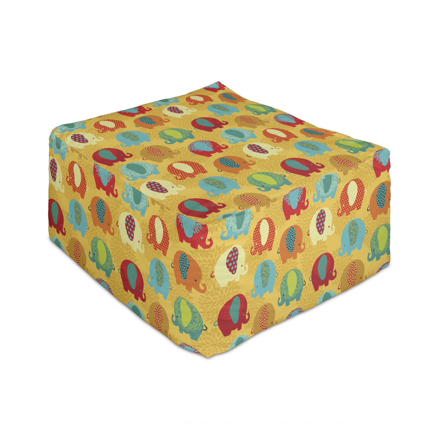 Jungle Rectangle Pouf, Elephants Ornate Details Cartoon Jungle Mammal Thailand Zoo Animal, Under