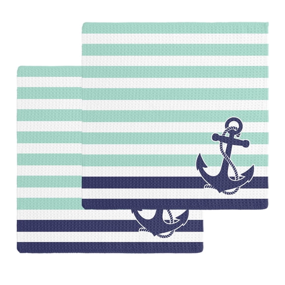 Anchor Aqua Kitchen Dish Towels for Drying Dishes Set of 2, Modern Navy Blue White Striped Nautical Waffle Weave Microfiber Hand Tea Bathroom Towels Quick Dry & Absorbent Towel 12x12