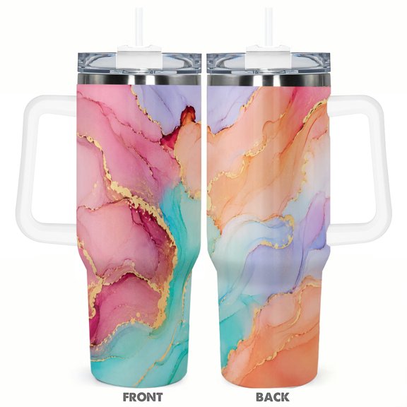 40oz Pastel Alcohol Ink Art Travel Tumbler Gift Insulated Car Cup Colorful Marble Design Stainless Steel Coffee Cup with Handle and Straw