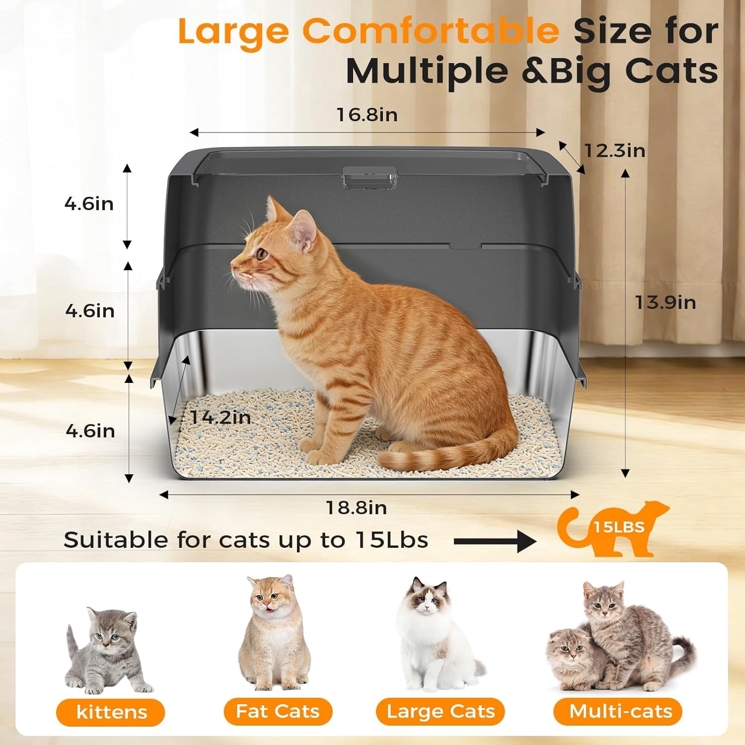 Stainless Steel Litter Box with Lid, Side Entry Large Enclosed Cat Litterbox for Kitty & Multi-Cat, Flip Cover Easy to Clean, High Sided Metal Cat Litter Pan with Scoop, Mat, Anti-Leakage, Non-Sticky
