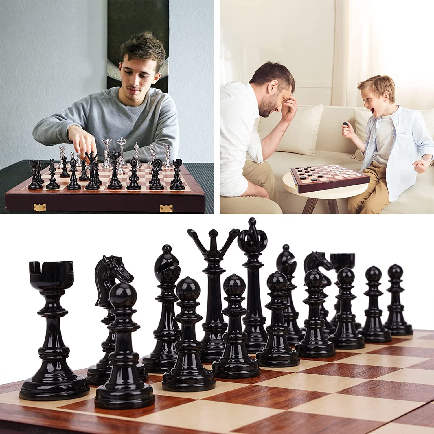 VAMSLOVE Chess and Checkers Board Game Sets for Adults Wooden Deluxe 15  inch Wood Board Box with Storage, Classic 2 in 1 Large Size with Chess  Pieces