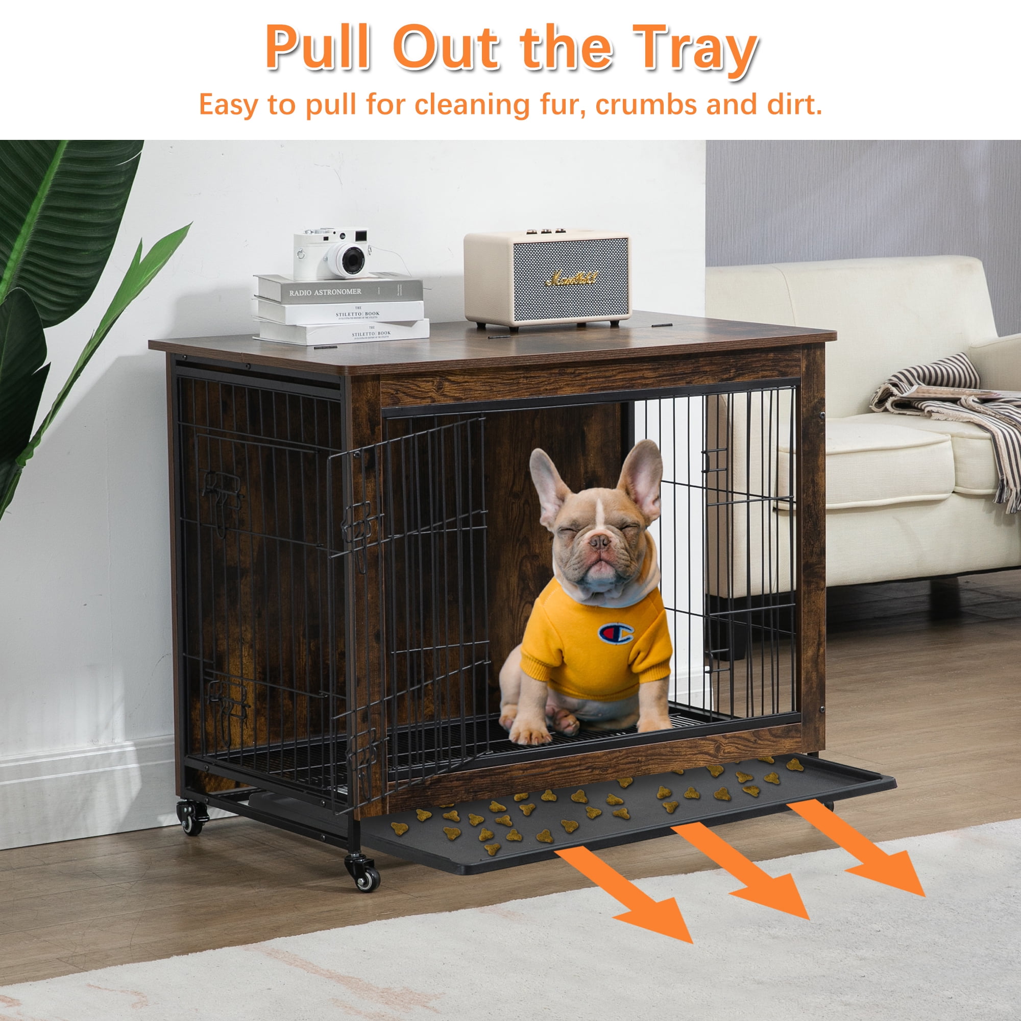 Pefilos 23.6"L Wood Dog Crate Furniture with Cushion, Double-Doors Dog Cag for Indoor, Dog House, Dog Kennel for Small Dogs, Brown Pefilos 23.6"L Wood Dog Crate Furniture with Cushion, Double-Doors Dog Cag for Indoor, Dog House, Dog Kennel for Small Dogs, Brown