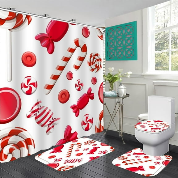 4Pcs Red Cute Christmas Candy Cane Shower Curtain Sets with Bath Mat Rug,U-Shape Mat,Toilet Lid Cover and 12 Hooks,Home Bathroom Decor Accessories