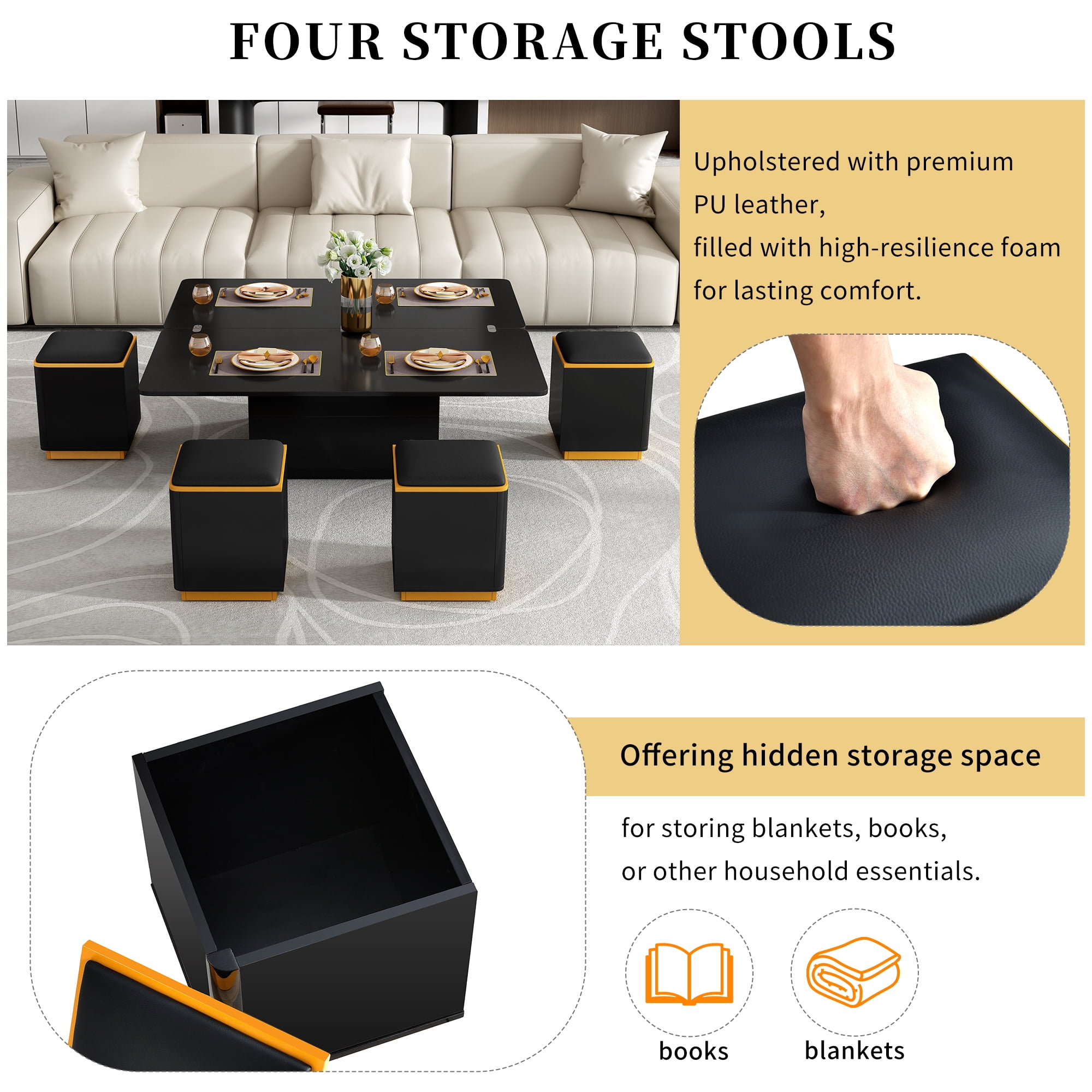 Mintazer Lift-Top Coffee Table with 4 Storage Stools, 3-in1 Adjustable Center Table for Living Room, Black