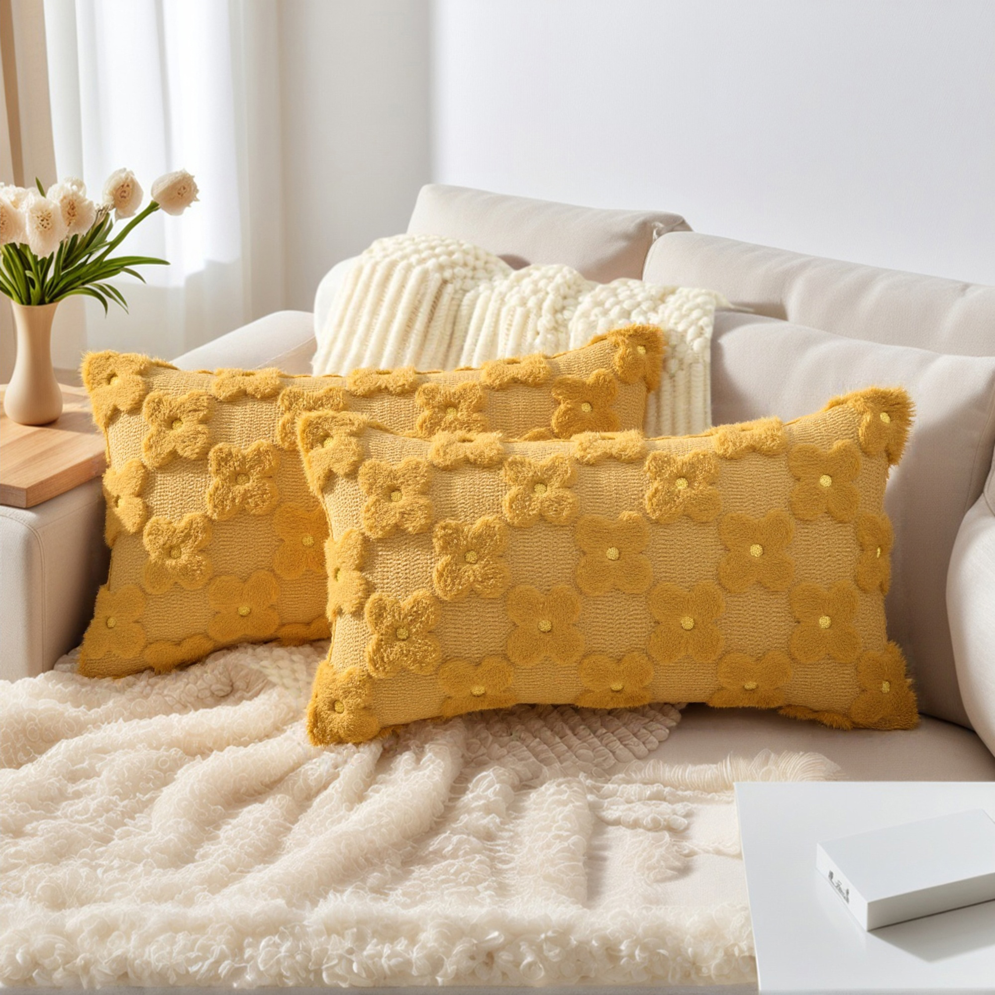 Unique Bargains Cute Daisy Embroidery Pillow Covers Pack of 2 Ginger 20" x 12"