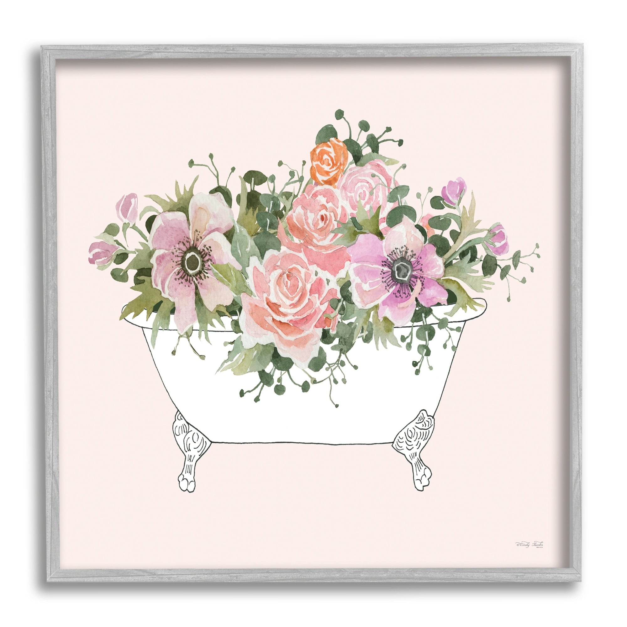 Stupell Industries Mixed Flower Arrangement Bathtub Planter Pink Blossoms Graphic Art Gray Framed Art Print Wall Art, Design by Cindy Jacobs