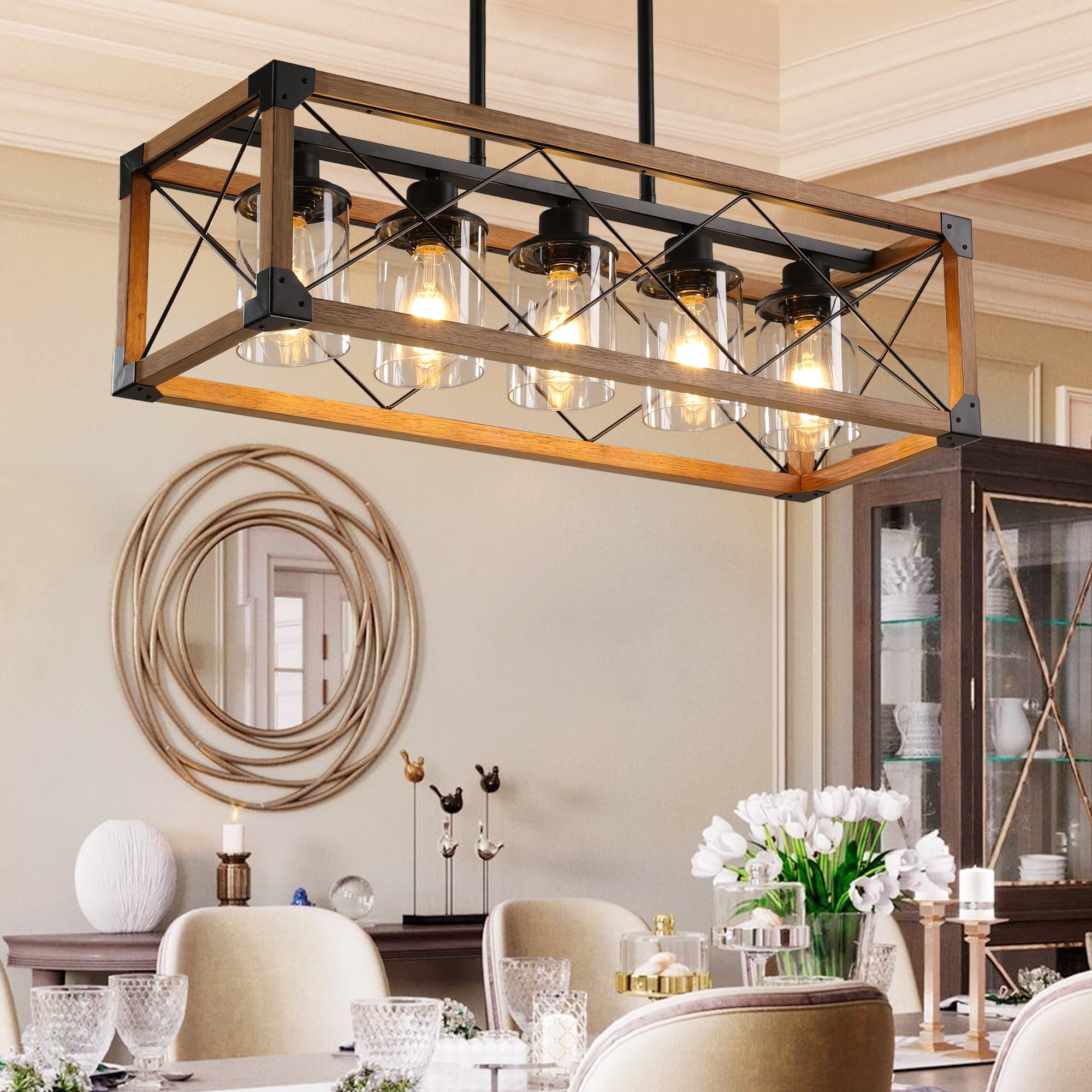 5-Light Farmhouse Chandelier for Kitchen Island, Rustic Hanging Lights Fixture with Clear Glass Shades, Adjustable Height Wood and Metal Fixture for Dining Room, Foyer, Entryway, Walnut Finish
