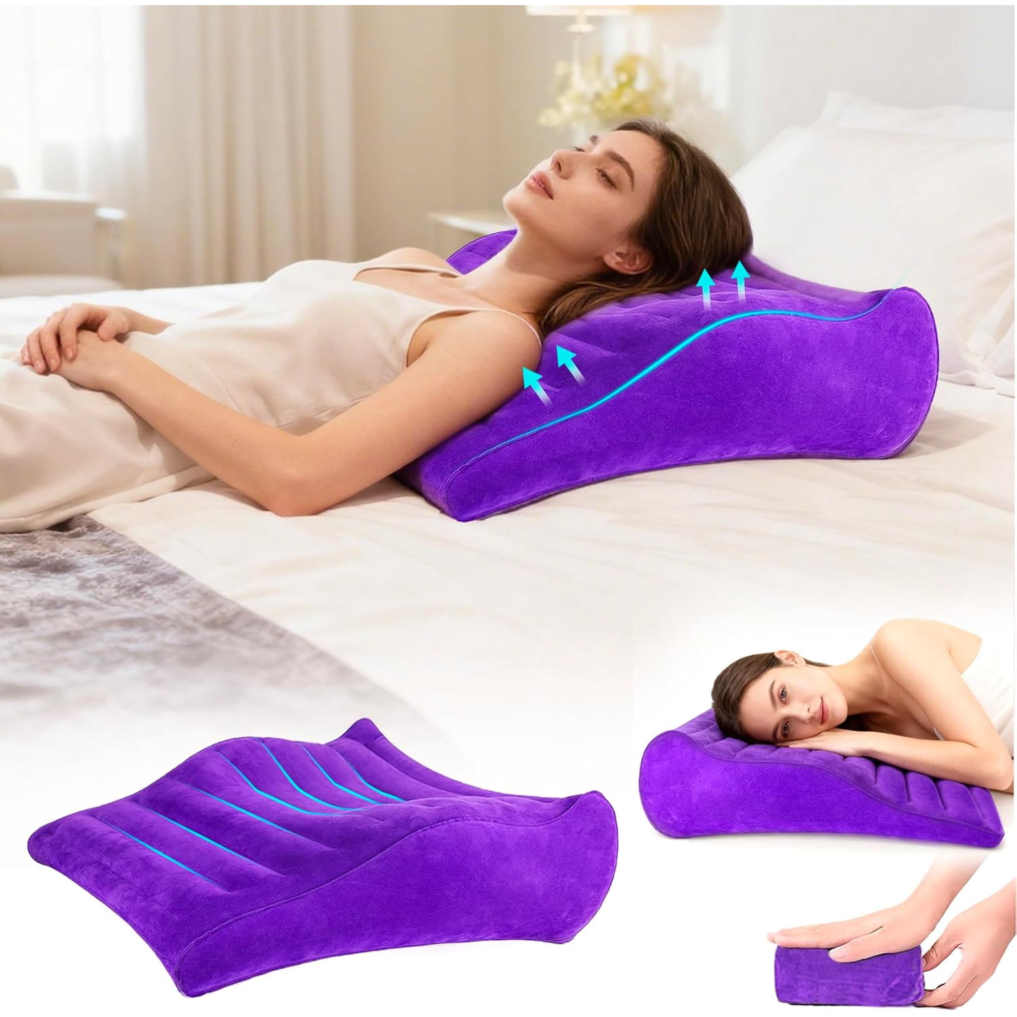 Inflatable Wedge Pillow for Traveling, Lightweight Wedge Pillow for Acid Reflux Relief, Portable Pillow Wedges for Sleeping, Blow Up Travel Pillow for Camping, Back Lumbar Support, Purple