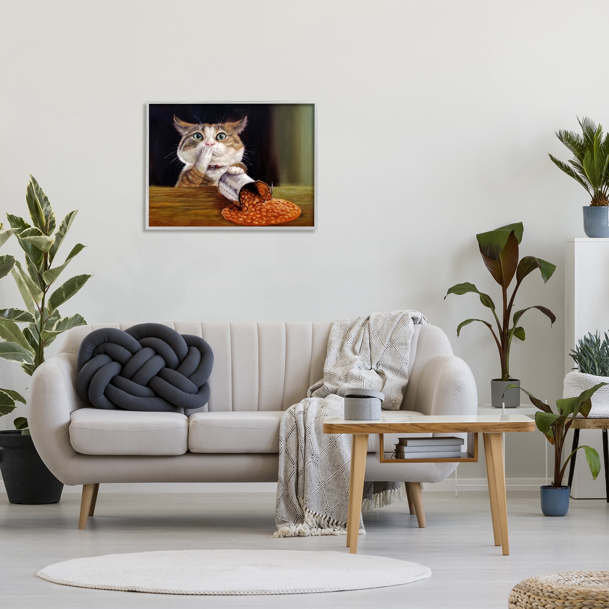 Stupell Industries Spilled The Beans Humorous Cat Kitchen Animal Painting Painting Gray Framed Art Print Wall Art, Design by Lucia Heffernan