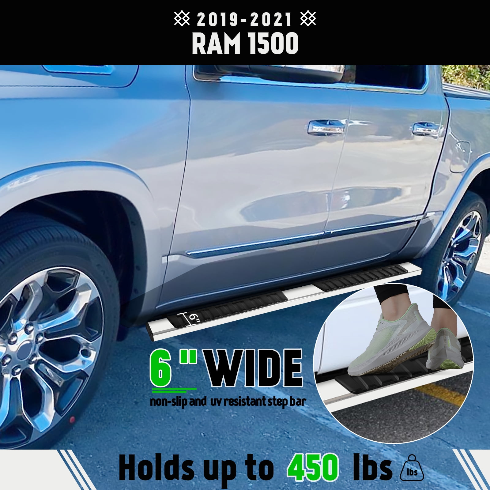 XTWEEX Running Boards Side Step Nerf Bar Fit 2019-2023 Dodge Ram 1500 New Body Style Quad/Extended Cab 6"