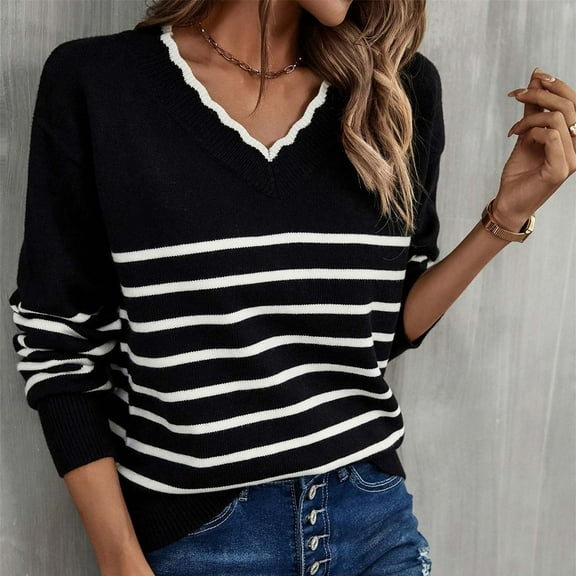 Amidoa Long Sleeve Womens Sweater Workout Black V-Neck Workout Light Striped Sweaters Cardigans for Women L