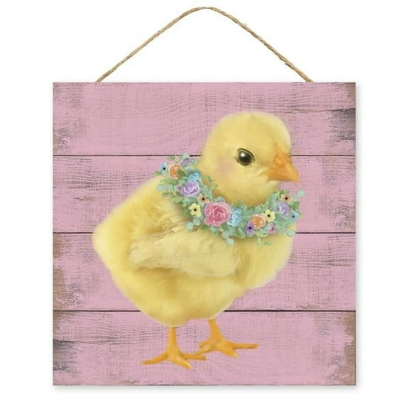 Chick with Floral Wood Door Wreath Sign: Pink/Yellow/Orange/Mult - 10 inches square