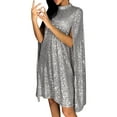 thumbnail image 3 of Womens Wedding Guest Dresses Short Sleeve Summer Cloak Style Solid Color Waist High Neck Sequin Dress Silver M, 3 of 8
