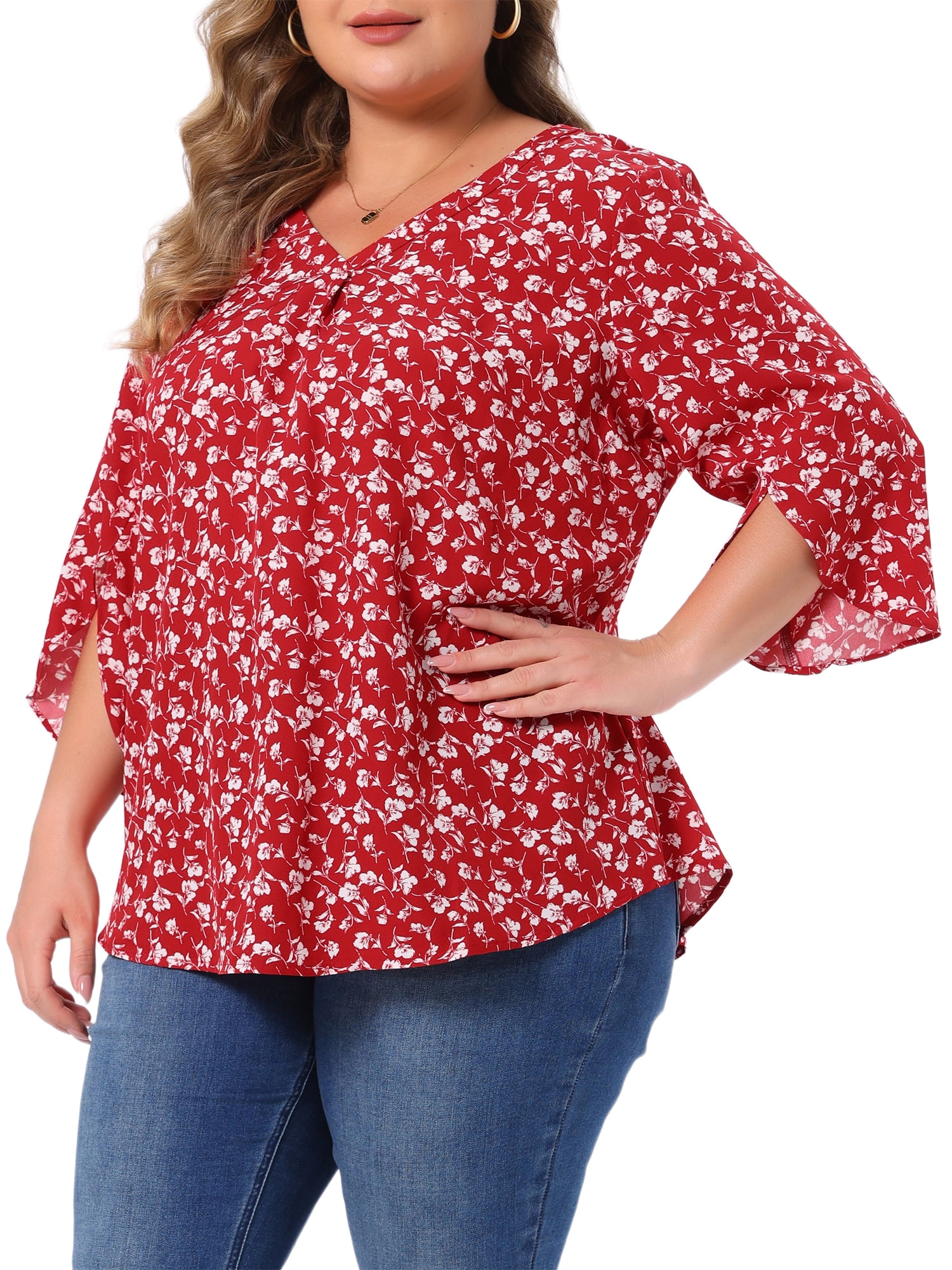 DARING DIVA Women's Plus Spring Tops 3/4 Sleeve V Neck Chiffon Work Dressy Shirt 4X Red