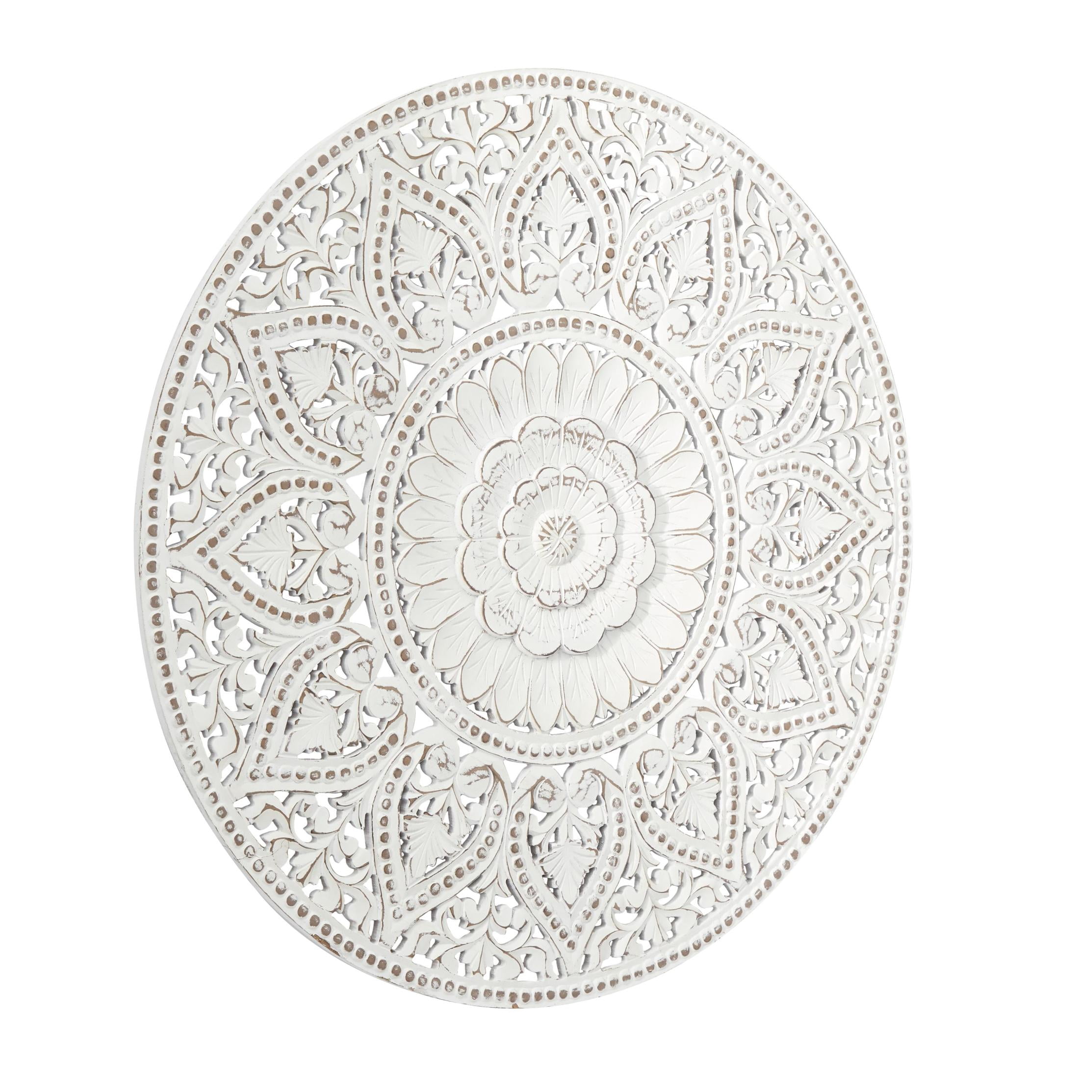 DecMode White Wooden Handmade Intricately Carved Floral Wall Decor with Mandala Design