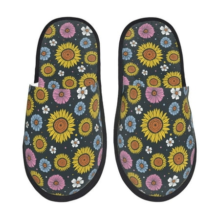 Balery Colorful Sunflowers Slient Indoor Furry Fleece Comfort House Shoes Soft Non-Slip Home Shoes Cotton slippers House Slippers-- Large