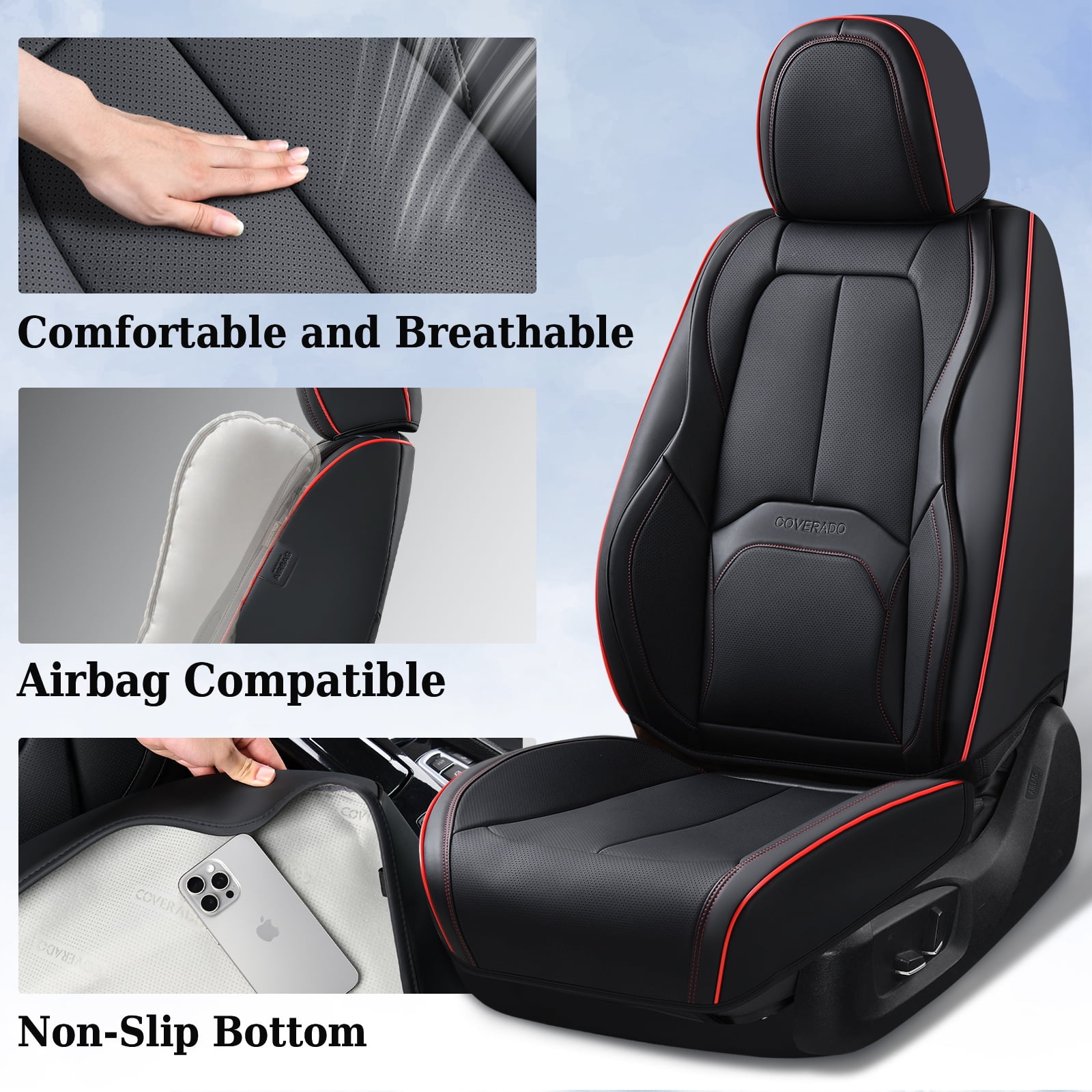 Coverado Front Seat Covers for Car, Premium Leather Seat Protectors with Lumbar Support, Waterproof Auto Cushions Universal Fit for Most Cars, Black&Red