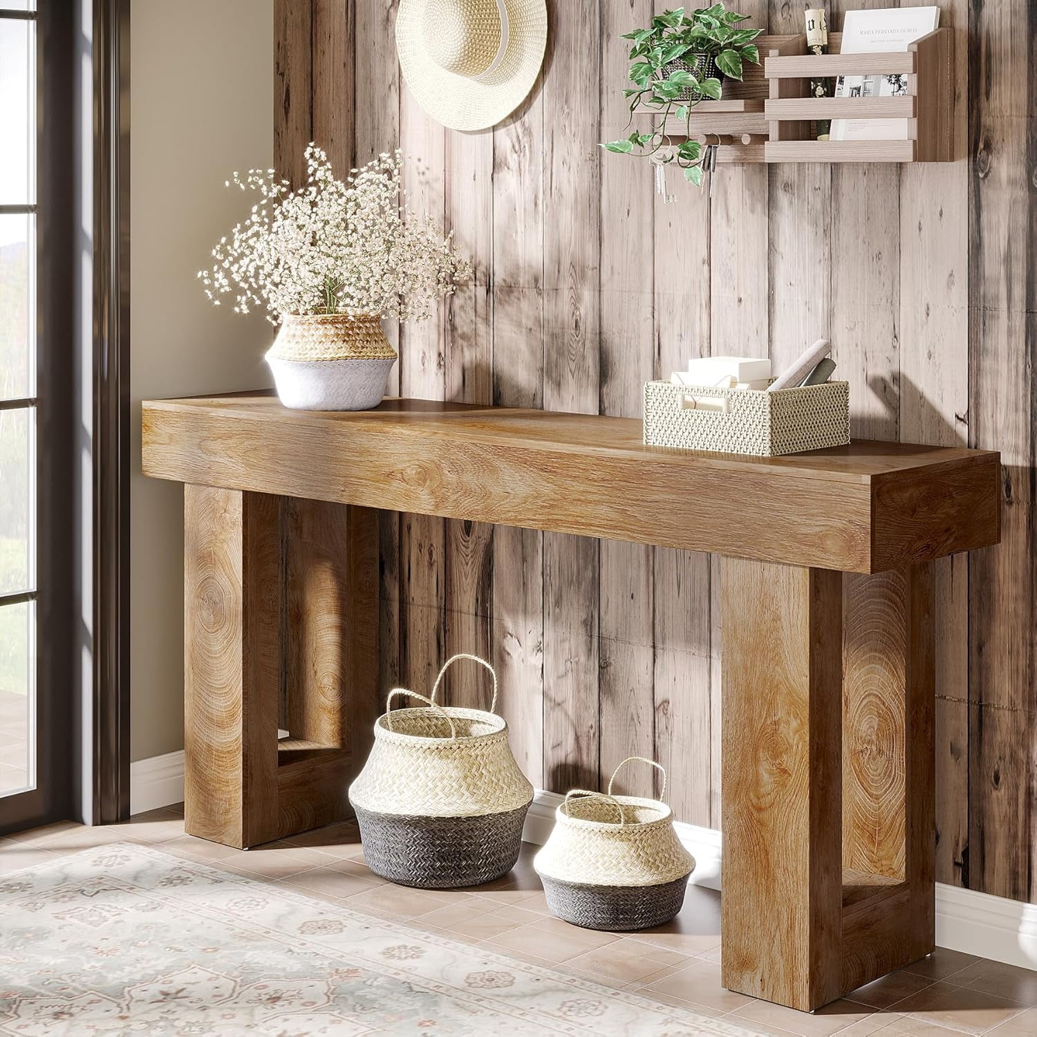 Tribesigns 63-Inch Long Console Table, Farmhouse Wooden Sofa Table Behind The Couch, Entryway Table for Entrance, Hallway, Living Room, Natural