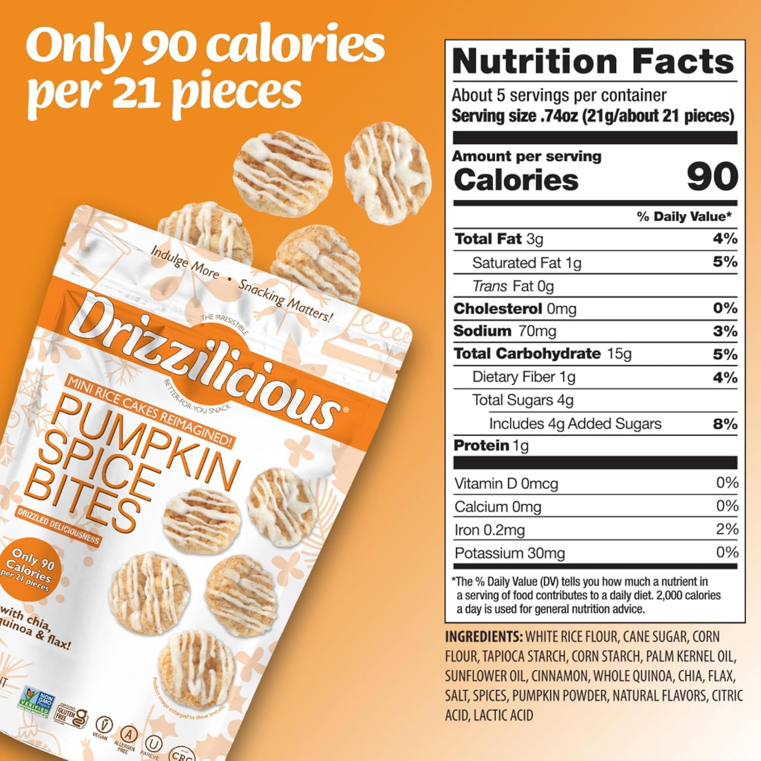 Drizzilicious Mini Rice Cakes, Pumpkin Spice Flavored Rice Cake Gluten Free Snacks, Rice Crisps 2-Pack