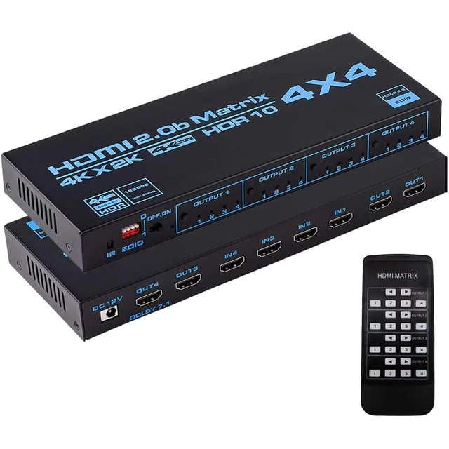 HDMI Matrix Switch 4x4, 4K HDMI Matrix 4 in 4 Out con Control Remoto IR, Compatible con HDMI 2.0b, 4K@30Hz, 1080P@60Hz, 3D, YUV4:4:4