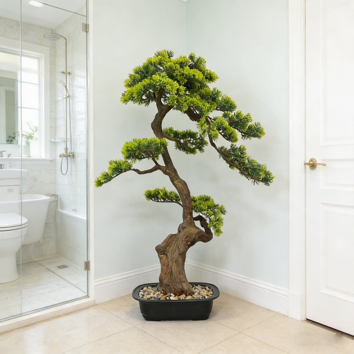 Artificial Pine Tree Fake Beauty Pine Tree Faux Plastic Green Leaves Nearly Natural Plants With Plastic Planter for Home Office Indoor Outdoor Decor 90cm