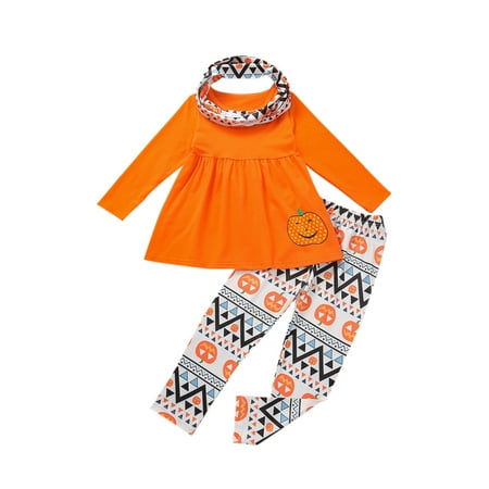 

Meihuida Kids Pumpkin Print Round Neck Long Sleeve Tops+ Long Pants+ Scarf