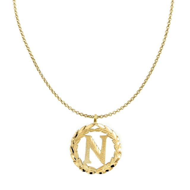 Precious Stars Pendentif Couronne Ronde en Or Jaune 14K avec Initiale Lettre 'N' et Chaîne de 22 Pouces