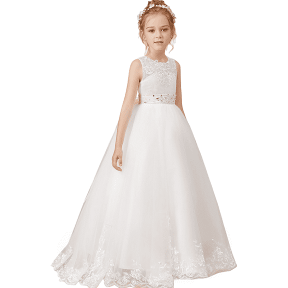 Flower Girl Dresses for Wedding Floor Length First Communion Dress Lace Girls Pageant Ball Gown Ivory 2 -3Years