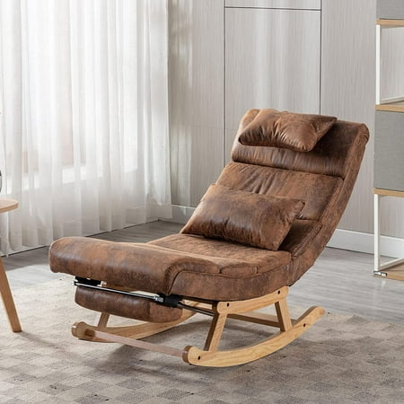 Rocking Lounge Chair, Modern Accent Rocking Glide Chair with Large Back, Pull Out Pedal and Pillows, Upholstered Lie or Sleep Lazy Chair for Nursery, Living Room, Bedroom