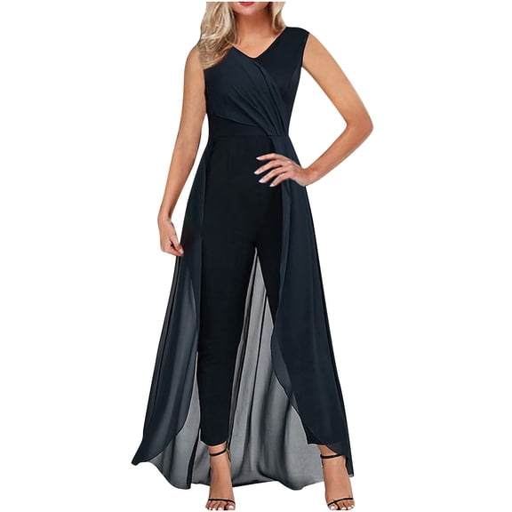 Cyber and Monday Deals Jumpsuits for Women Women Jumpsuit Pajamas Casual V Neck Sleeveless Comfortable Long Pants