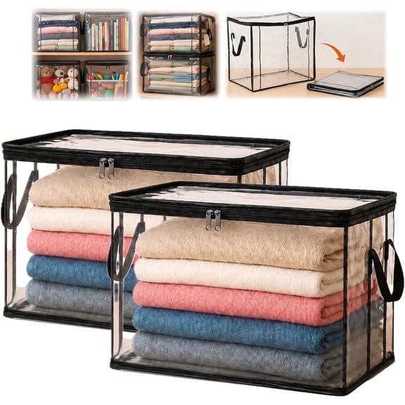 2PCS Foldable Transparent Storage Box with Zipper Handles Heavy Duty Thick Plastic Clear Storage Bins