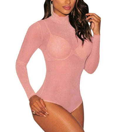 Ploknplq Bodysuit Shapewear Womens Underwear Body Suits for Womens Lingerie One Piece Bodysuit Sleepwear Nightwear Sheer Mesh Leotard O Neck Crotchless Bodysuit One Piece Babydoll Sleepwear Beige 3XL