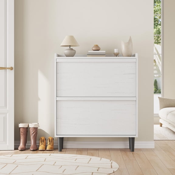 White 2-Flip Drawer Wooden Shoe Cabinet with Adjustable Shelf – Hidden Shoe Storage for Entryway, Hallway or Living Room