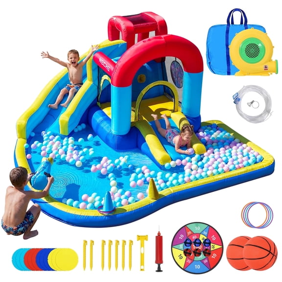 Neche Inflatable Water Slide, 106.59" x105.77" x54.78"Large Bounce House,Indoor/Outdoor Kids Bouncy Castle with 480W Blower