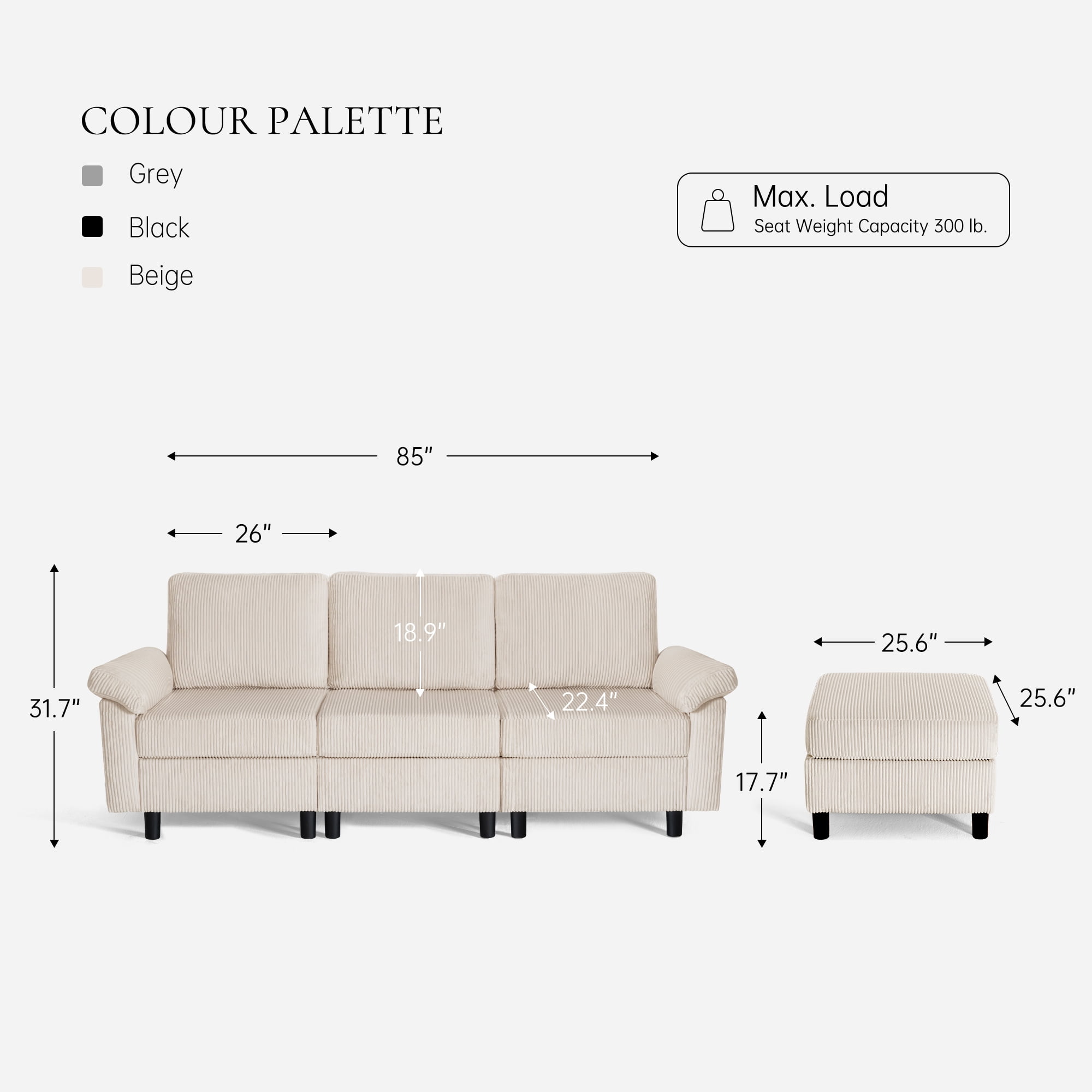 SAETSFEG Sectional Sofa, L-Shape 3-seat Couch with Movable Ottoman, Modern Storage Modular Sofa for Living Room,Beige