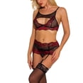 thumbnail image 3 of Conjunto de lencería sexy de encaje para mujer, ropa interior de malla hueca, sujetador, ropa de dormir, rojo vino, M Yuarrent XX000092-07, 3 of 7