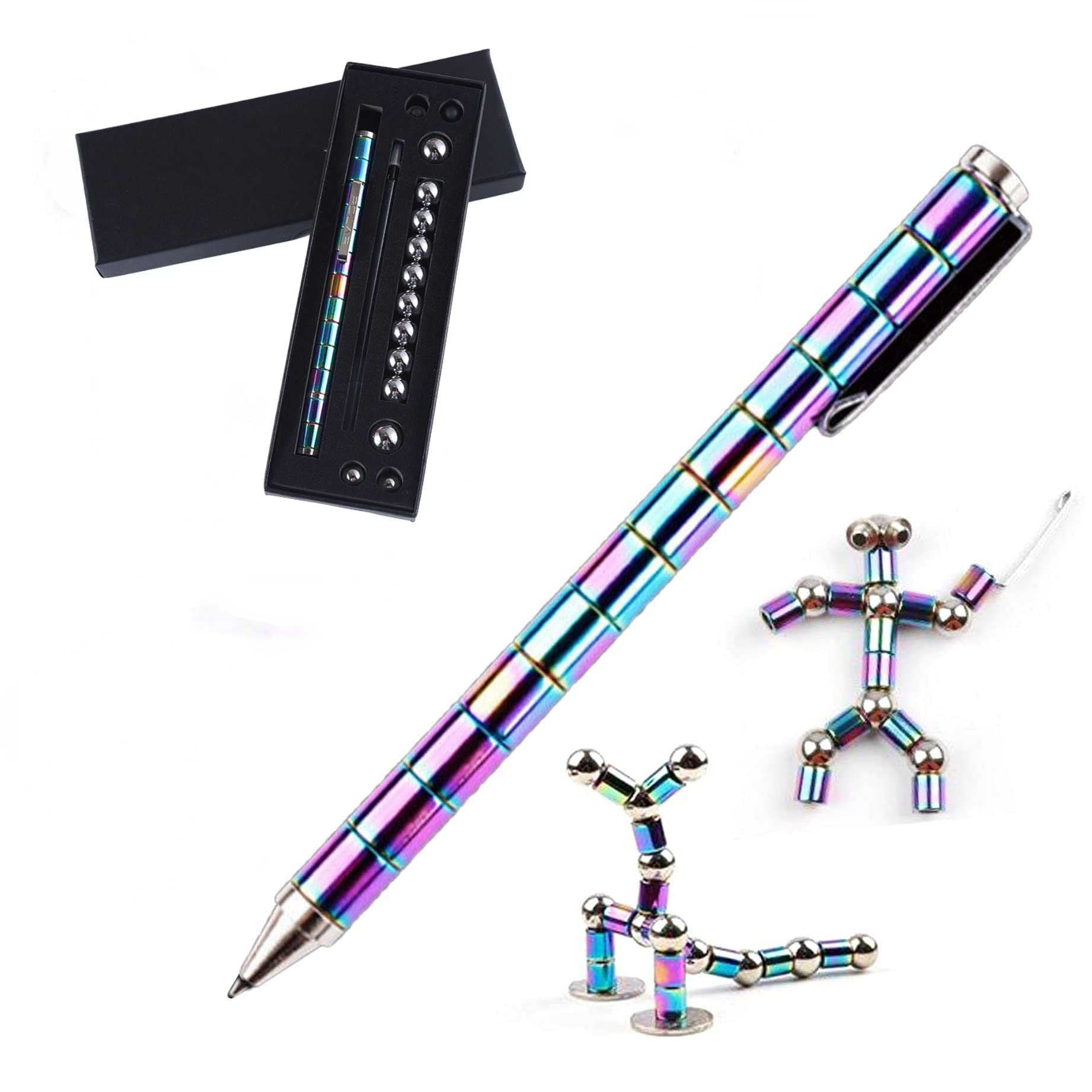 Stress Relief Birthday Gift for Friend Big Set, Black Decompression Metal Magnetic Pen Fidget Pen Family DIY Creative Fidget Sculpture Desktop Magnet Ballpoint Pen Toy Pen 