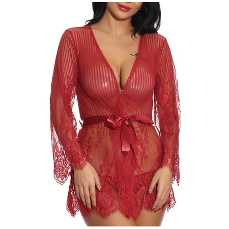 

COBKK Womens Cardigan Blouse Fitted Sexy Underwear Lace Transparent Front Cardigan Pajamas Women s Sexy Suspender Nightdress Womens Cardigan Shirts Trendy Red Lounge Flowy Formal Cardigan
