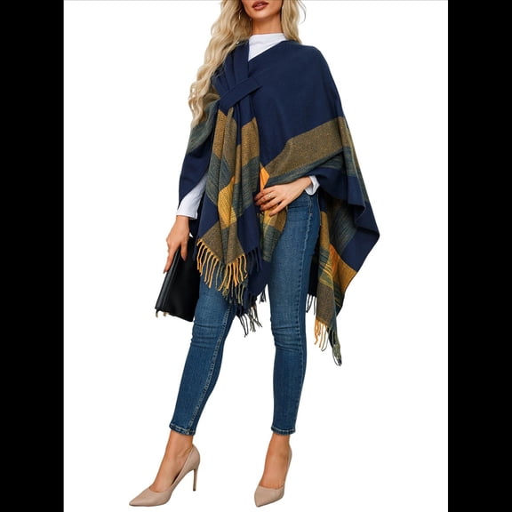 Women'S Wraps Open Front Travel Poncho Cape Warm Oversized Plaid Sweaters Casual Cardigan Shawls Navy Blue One Size