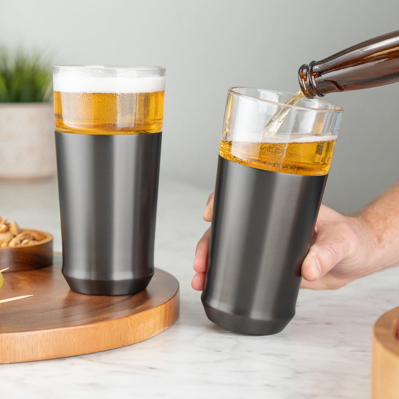 Elevated Craft Hybrid Vacuum Insulated Stainless Steel Base with Removable Pint Glass Insert, Ideal Insulation for Beers & Cold Beverages with Built-in Bottle Opener, Durable & Stylish, Black (16 oz)