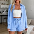 thumbnail image 5 of QIYAGBSA 2 Piece Outfits for Women Striped Button Down Long Sleeve Shirt and Drawstring Shorts Set Summer Matching Set (Blue, 2XL), 5 of 7