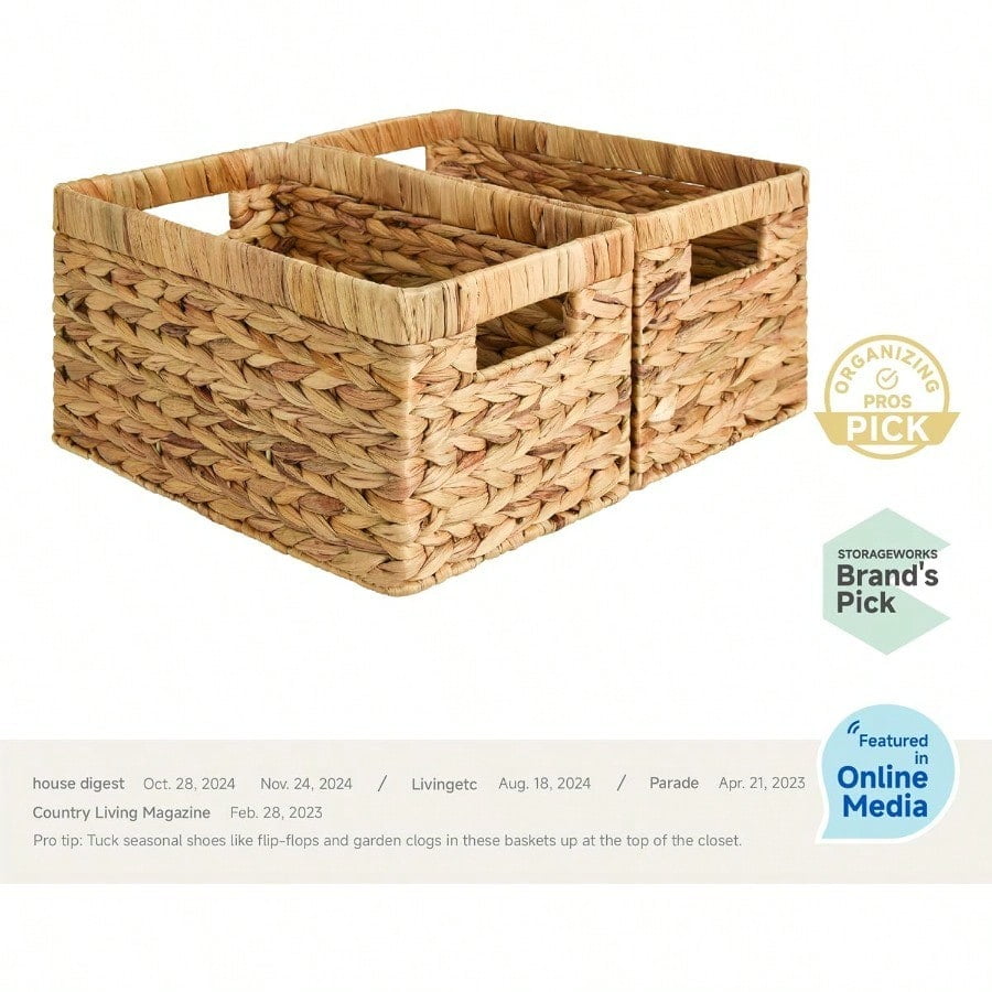 Wicker Basket, Baskets for Organizing, Storage Basket with Built-in Handles, Water Hyacinth Shelves (Medium 2-Pack, Natural Hyacinth)